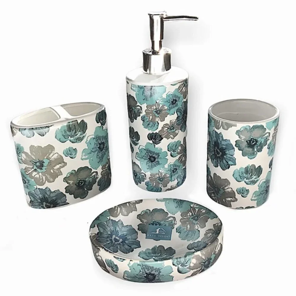 Floral Bath Accessory Ceramic Set Sun Splash Collection White Blue 4 Piece Set